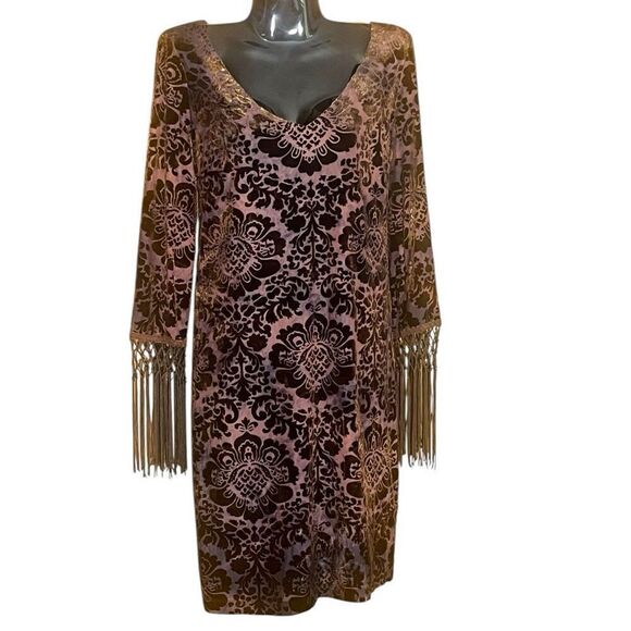 Muse Crushed Velvet Burnout Macramé Fringe On Sleeves 3/4 Sleeve Sheath Dress Sz - Picture 1 of 5